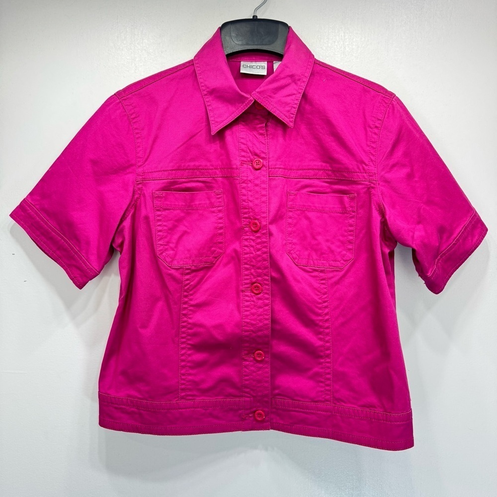 Chico’s Berry Magenta Short Sleeve Button Front Topper Jacket Size 1/Medium
